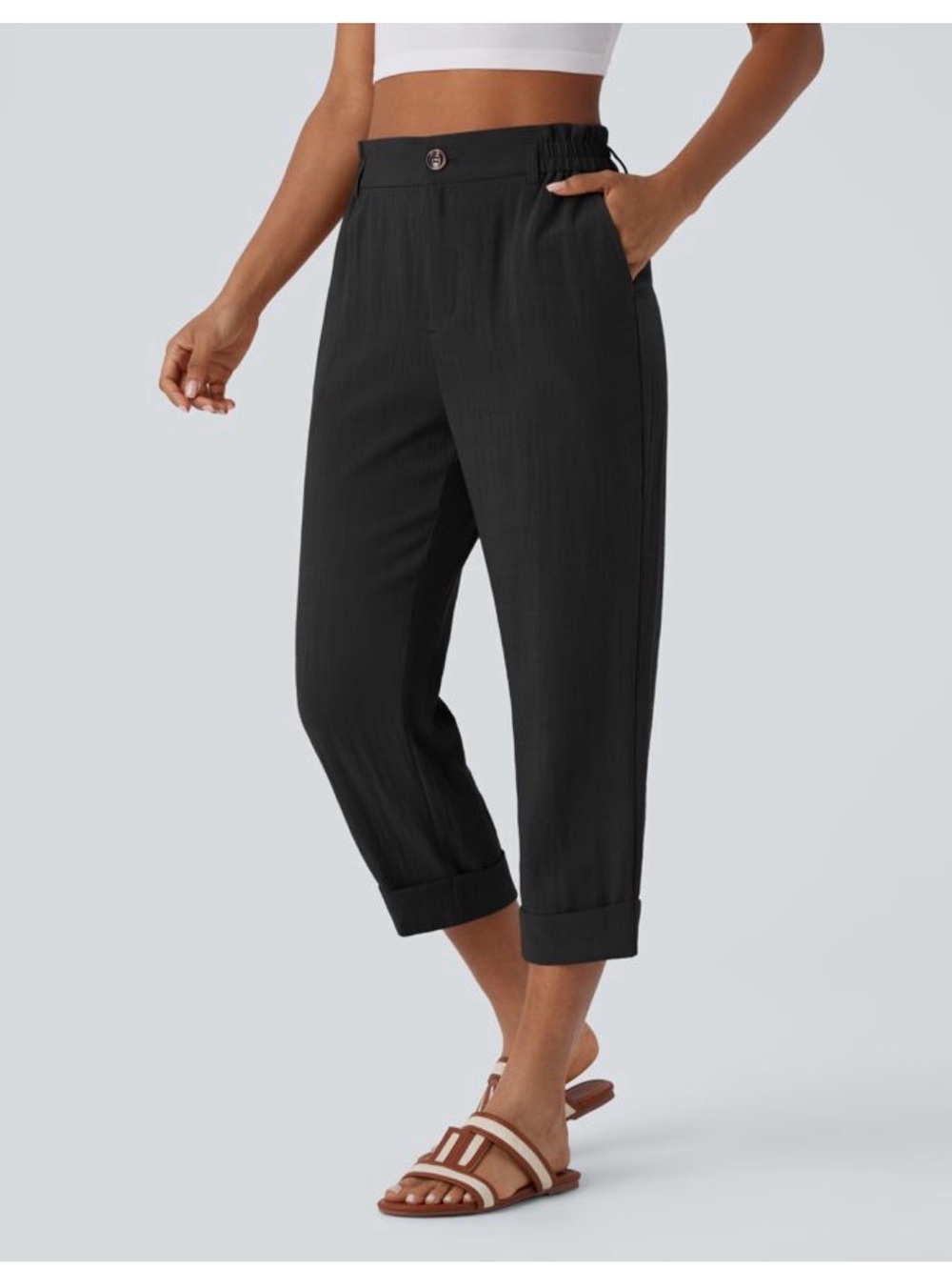Halara High Waisted Zipper Pocket Cropped Linen-Feel Pants NWOT